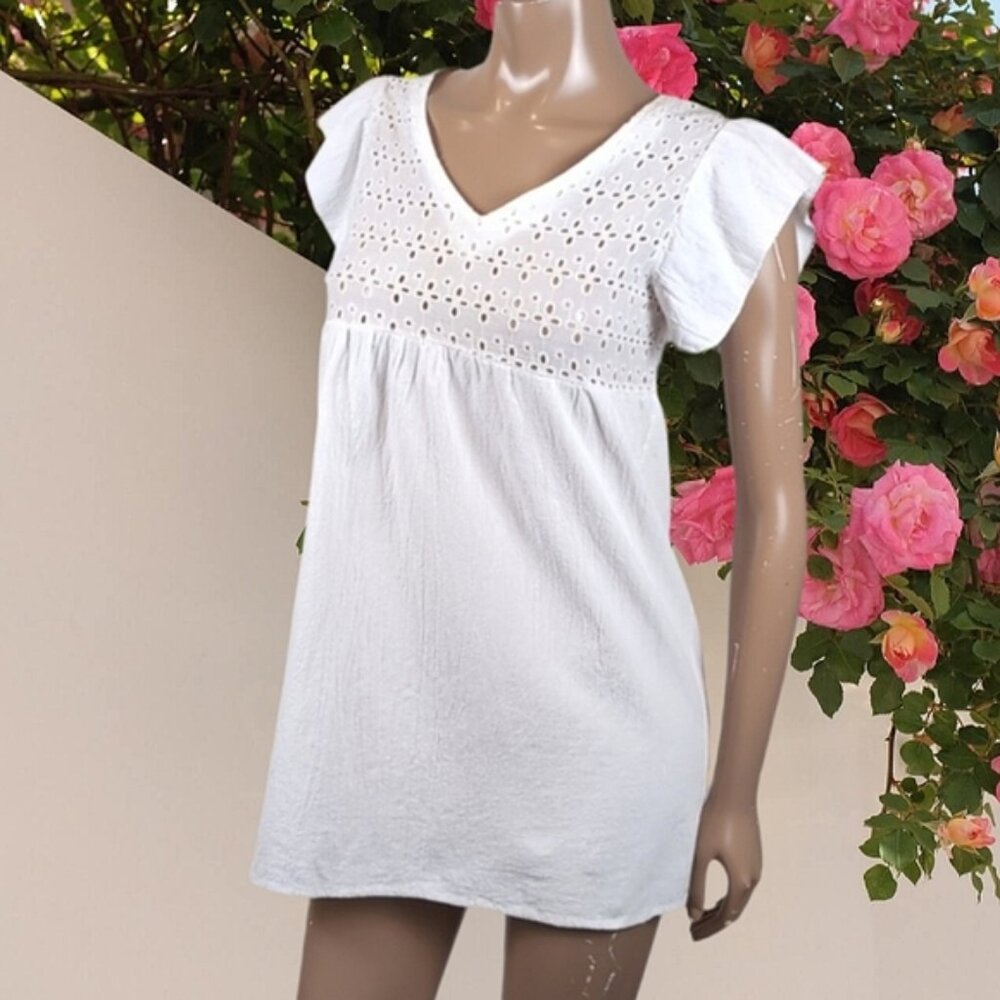 💠 Flutter Sleeve Eyelet Babydoll Dress Summer Sheer Mini Shift Vneck